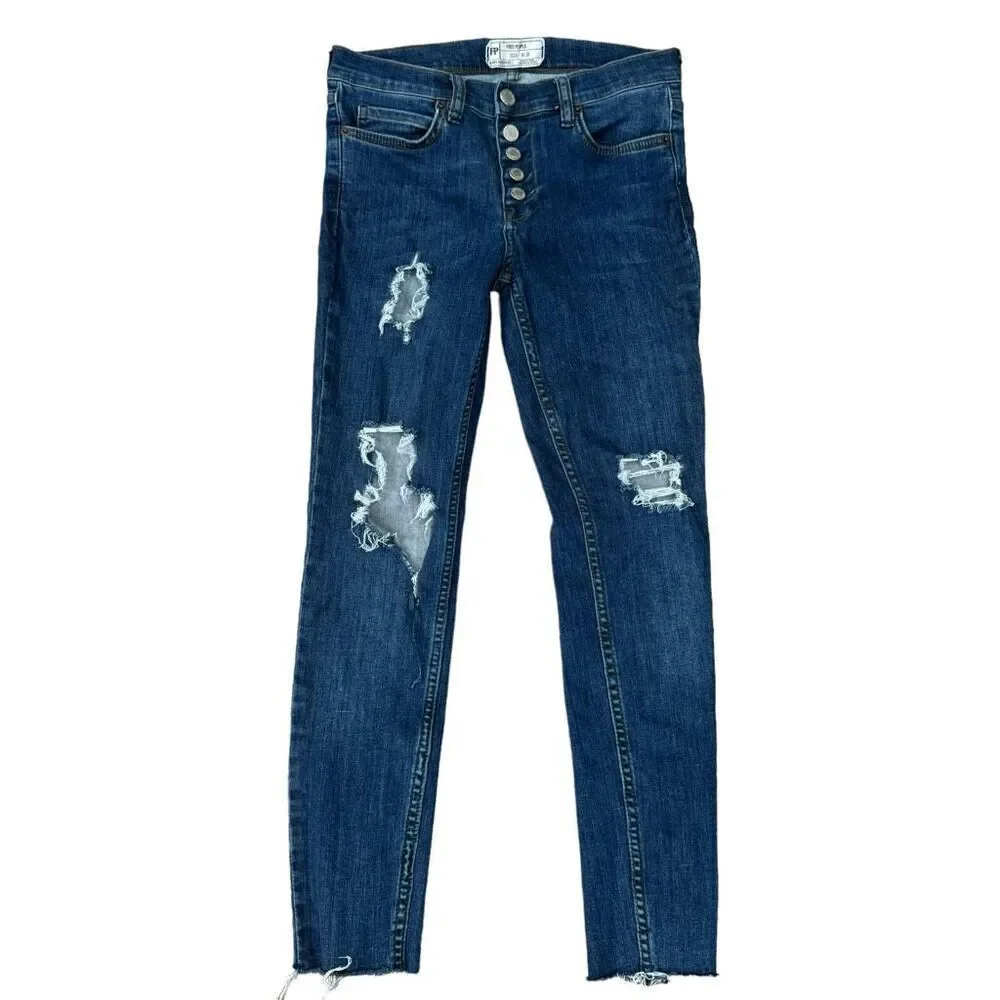 Free People Distressed Denim Jeans Button Fly Stretch Raw Hem Pockets size 26